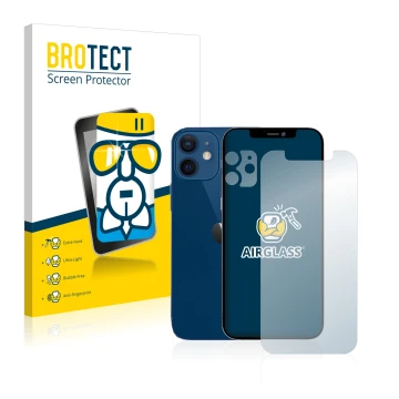 Vorderseite einer Produktverpackung mit dem Markenlogo BROTECT. Daneben ist das Gerät Apple iPhone 12 (Display+Kamera) mit dem