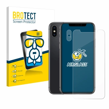 Vorderseite einer Produktverpackung mit dem Markenlogo BROTECT. Daneben ist das Gerät Apple iPhone X (Display+Kamera) mit dem 