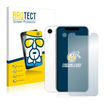 Vorderseite einer Produktverpackung mit dem Markenlogo BROTECT. Daneben ist das Gerät Apple iPhone XR (Display+Kamera) mit dem