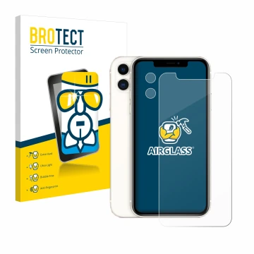 Vorderseite einer Produktverpackung mit dem Markenlogo BROTECT. Daneben ist das Gerät Apple iPhone 11 (Display+Kamera) mit dem