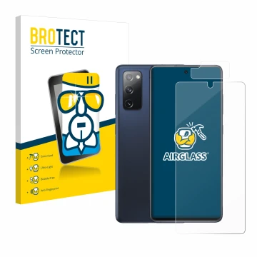 Vorderseite einer Produktverpackung mit dem Markenlogo BROTECT. Daneben ist das Gerät Samsung Galaxy S20 FE 5G (Display+Kamera