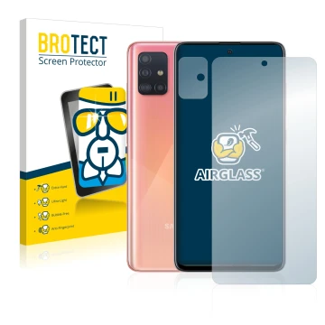 Vorderseite einer Produktverpackung mit dem Markenlogo BROTECT. Daneben ist das Gerät Samsung Galaxy A51 (Display+Kamera) mit 