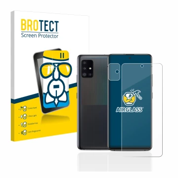 Vorderseite einer Produktverpackung mit dem Markenlogo BROTECT. Daneben ist das Gerät Samsung Galaxy A51 5G (Display+Kamera) m