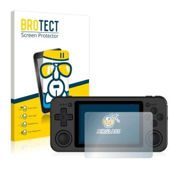 Vorderseite einer Produktverpackung mit dem Markenlogo BROTECT. Daneben ist das Gerät Anbernic RG351P mit dem zugehörigen Disp