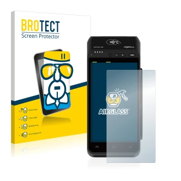 Vorderseite einer Produktverpackung mit dem Markenlogo BROTECT. Daneben ist das Gerät ingenico Apos A8 mit dem zugehörigen Dis