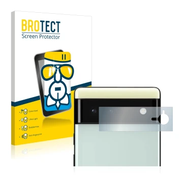 Vorderseite einer Produktverpackung mit dem Markenlogo BROTECT. Daneben ist das Gerät Google Pixel 6 (NUR Kameraschutz) mit de