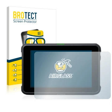 Vorderseite einer Produktverpackung mit dem Markenlogo BROTECT. Daneben ist das Gerät Atomos Shinobi 7 mit dem zugehörigen Dis