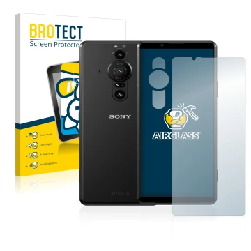 Vorderseite einer Produktverpackung mit dem Markenlogo BROTECT. Daneben ist das Gerät Sony Xperia Pro-I (Display+Kamera) mit d