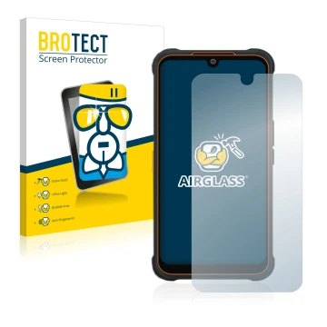 Vorderseite einer Produktverpackung mit dem Markenlogo BROTECT. Daneben ist das Gerät AGM Glory Pro mit dem zugehörigen Displa