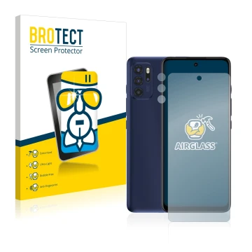 Vorderseite einer Produktverpackung mit dem Markenlogo BROTECT. Daneben ist das Gerät Motorola Moto G60S (Display+Kamera) mit 