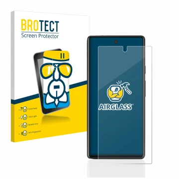 Vorderseite einer Produktverpackung mit dem Markenlogo BROTECT. Daneben ist das Gerät Google Pixel 6a mit dem zugehörigen Disp