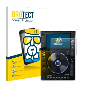 Vorderseite einer Produktverpackung mit dem Markenlogo BROTECT. Daneben ist das Gerät Denon DJ SC6000 Prime mit dem zugehörige