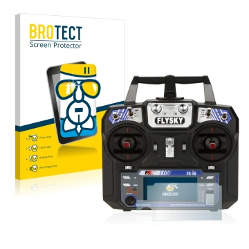 Vorderseite einer Produktverpackung mit dem Markenlogo BROTECT. Daneben ist das Gerät FlySky FS-i6 mit dem zugehörigen Display