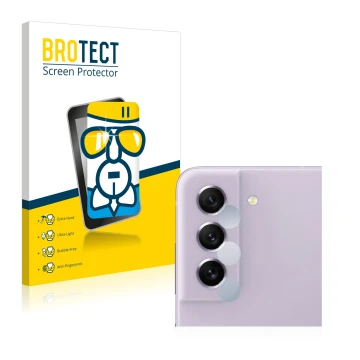 Vorderseite einer Produktverpackung mit dem Markenlogo BROTECT. Daneben ist das Gerät Samsung Galaxy S21 FE 5G (NUR Kameraschu