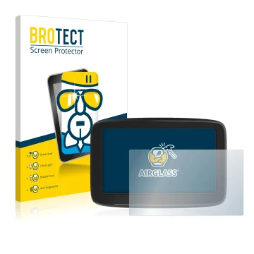 Vorderseite einer Produktverpackung mit dem Markenlogo BROTECT. Daneben ist das Gerät TomTom GO Classic 5