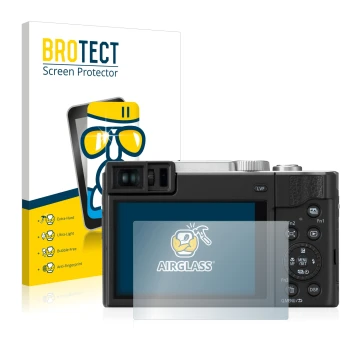 Vorderseite einer Produktverpackung mit dem Markenlogo BROTECT. Daneben ist das Gerät Panasonic Lumix DC-TZ95 mit dem zugehöri