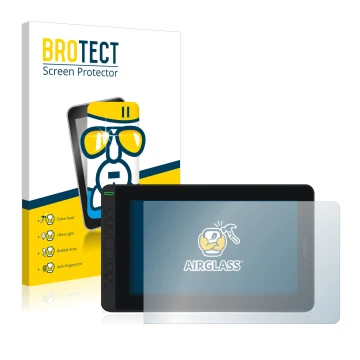 Vorderseite einer Produktverpackung mit dem Markenlogo BROTECT. Daneben ist das Gerät Huion Kamvas 12 mit dem zugehörigen Disp