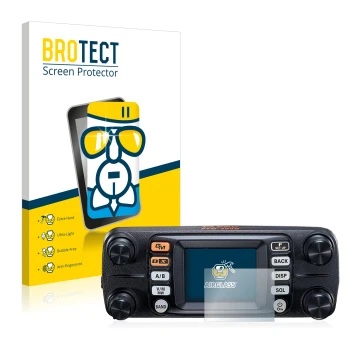 Vorderseite einer Produktverpackung mit dem Markenlogo BROTECT. Daneben ist das Gerät Yaesu FTM-300DE mit dem zugehörigen Disp
