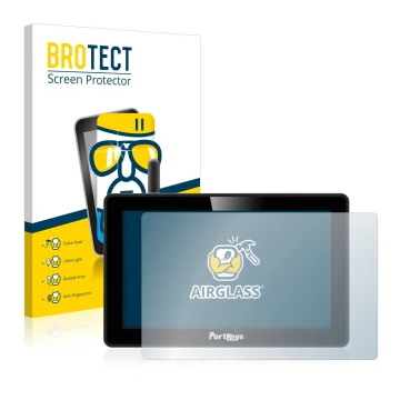 Vorderseite einer Produktverpackung mit dem Markenlogo BROTECT. Daneben ist das Gerät Portkeys BM5 WR mit dem zugehörigen Disp