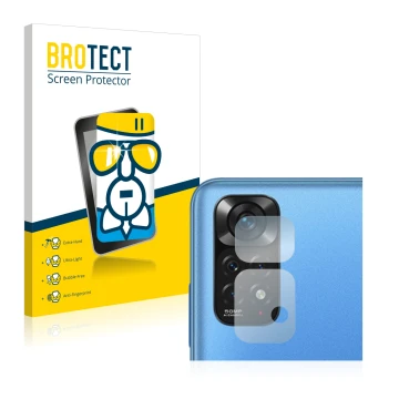Vorderseite einer Produktverpackung mit dem Markenlogo BROTECT. Daneben ist das Gerät Xiaomi Redmi Note 11 (NUR Kameraschutz) 