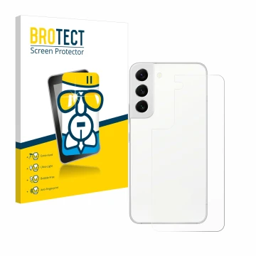 Vorderseite einer Produktverpackung mit dem Markenlogo BROTECT. Daneben ist das Gerät Samsung Galaxy S22 5G (Rückseite) mit de