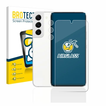 Vorderseite einer Produktverpackung mit dem Markenlogo BROTECT. Daneben ist das Gerät Samsung Galaxy S22 5G (Display+Kamera) m
