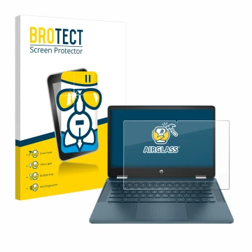 Vorderseite einer Produktverpackung mit dem Markenlogo BROTECT. Daneben ist das Gerät HP Chromebook x360 (14b-cbX) mit dem zug