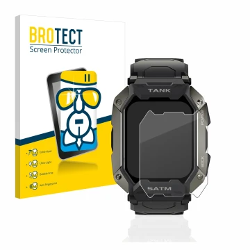 Vorderseite einer Produktverpackung mit dem Markenlogo BROTECT. Daneben ist das Gerät Kospet Tank M1 mit dem zugehörigen Displ