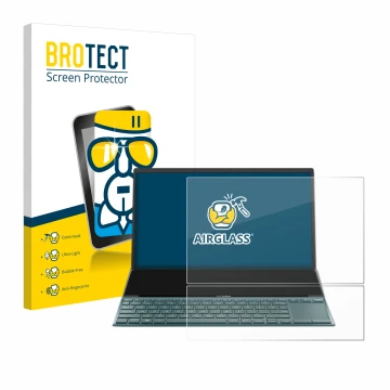 Vorderseite einer Produktverpackung mit dem Markenlogo BROTECT. Daneben ist das Gerät ASUS ZenBook Duo 14 UX482 mit dem zugehö