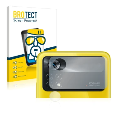 Vorderseite einer Produktverpackung mit dem Markenlogo BROTECT. Daneben ist das Gerät Xiaomi Poco X4 Pro 5G (NUR Kameraschutz)