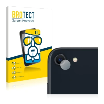 Vorderseite einer Produktverpackung mit dem Markenlogo BROTECT. Daneben ist das Gerät Apple iPhone SE 3 2022 (NUR Kameraschutz