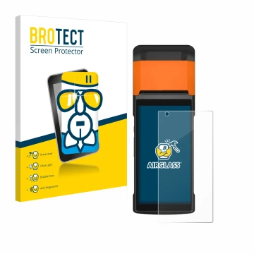 Vorderseite einer Produktverpackung mit dem Markenlogo BROTECT. Daneben ist das Gerät Sunmi V2s mit dem zugehörigen Displaysch