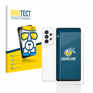 Vorderseite einer Produktverpackung mit dem Markenlogo BROTECT. Daneben ist das Gerät Samsung Galaxy A53 5G (Display+Kamera) m