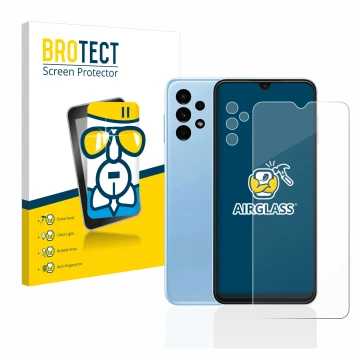 Vorderseite einer Produktverpackung mit dem Markenlogo BROTECT. Daneben ist das Gerät Samsung Galaxy A13 (Display+Kamera) mit 