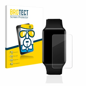 Vorderseite einer Produktverpackung mit dem Markenlogo BROTECT. Daneben ist das Gerät Oppo Watch Free mit dem zugehörigen Disp