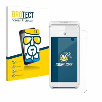 Vorderseite einer Produktverpackung mit dem Markenlogo BROTECT. Daneben ist das Gerät Pax A920 mit dem zugehörigen Displayschu