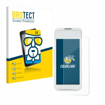 Vorderseite einer Produktverpackung mit dem Markenlogo BROTECT. Daneben ist das Gerät Pax A920 Pro mit dem zugehörigen Display