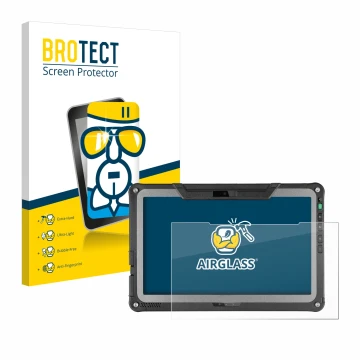 Vorderseite einer Produktverpackung mit dem Markenlogo BROTECT. Daneben ist das Gerät Getac F110 G6 mit dem zugehörigen Displa