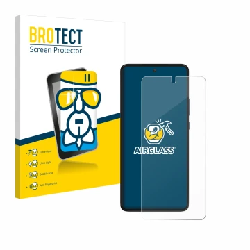 Vorderseite einer Produktverpackung mit dem Markenlogo BROTECT. Daneben ist das Gerät Motorola Edge 30 mit dem zugehörigen Dis