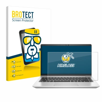 Vorderseite einer Produktverpackung mit dem Markenlogo BROTECT. Daneben ist das Gerät HP EliteBook 645 G9 mit dem zugehörigen 