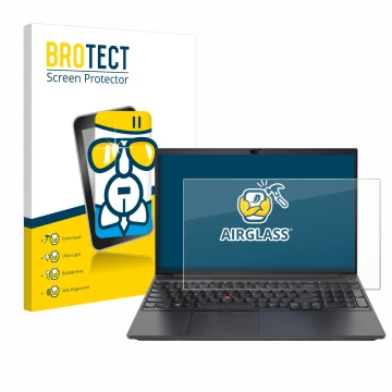 Vorderseite einer Produktverpackung mit dem Markenlogo BROTECT. Daneben ist das Gerät Lenovo ThinkPad E15 Gen 2 mit dem zugehö