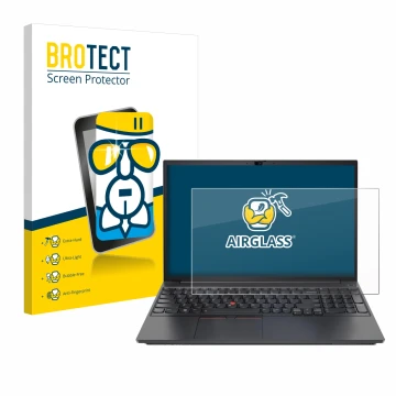 Vorderseite einer Produktverpackung mit dem Markenlogo BROTECT. Daneben ist das Gerät Lenovo ThinkPad E15 Gen 3 mit dem zugehö