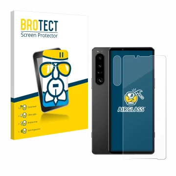 Vorderseite einer Produktverpackung mit dem Markenlogo BROTECT. Daneben ist das Gerät Sony Xperia 1 IV (Display+Kamera) mit de