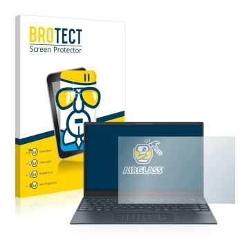 Vorderseite einer Produktverpackung mit dem Markenlogo BROTECT. Daneben ist das Gerät ASUS ZenBook 13 OLED mit dem zugehörigen