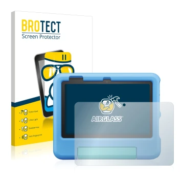 Vorderseite einer Produktverpackung mit dem Markenlogo BROTECT. Daneben ist das Gerät Amazon Fire 7 Kids 2022 mit dem zugehöri