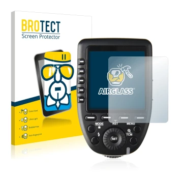 Vorderseite einer Produktverpackung mit dem Markenlogo BROTECT. Daneben ist das Gerät Godox XPro mit dem zugehörigen Displaysc