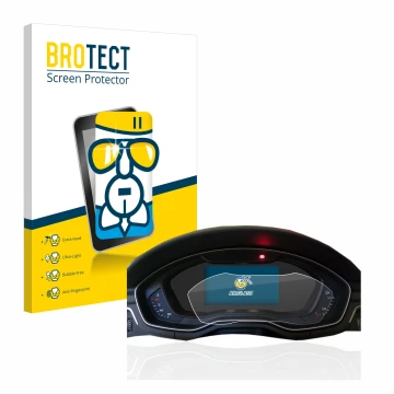 Vorderseite einer Produktverpackung mit dem Markenlogo BROTECT. Daneben ist das Gerät Audi A4 B9 2017 Virtual Cockpit mit dem 