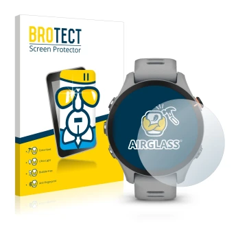 Vorderseite einer Produktverpackung mit dem Markenlogo BROTECT. Daneben ist das Gerät Garmin Forerunner 255S mit dem zugehörig