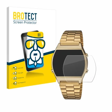 Vorderseite einer Produktverpackung mit dem Markenlogo BROTECT. Daneben ist das Gerät Casio Retro B640WB mit dem zugehörigen D