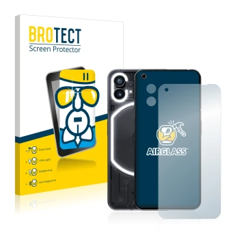 Vorderseite einer Produktverpackung mit dem Markenlogo BROTECT. Daneben ist das Gerät Nothing Phone (1) (Display+Kamera) mit d